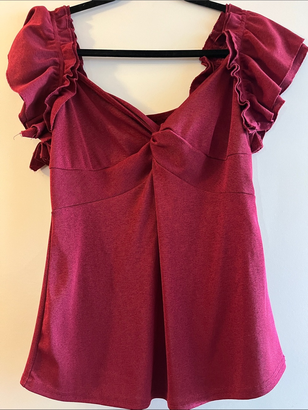 Twist-Front Ruffle Sleeve Blouse in Raspberry